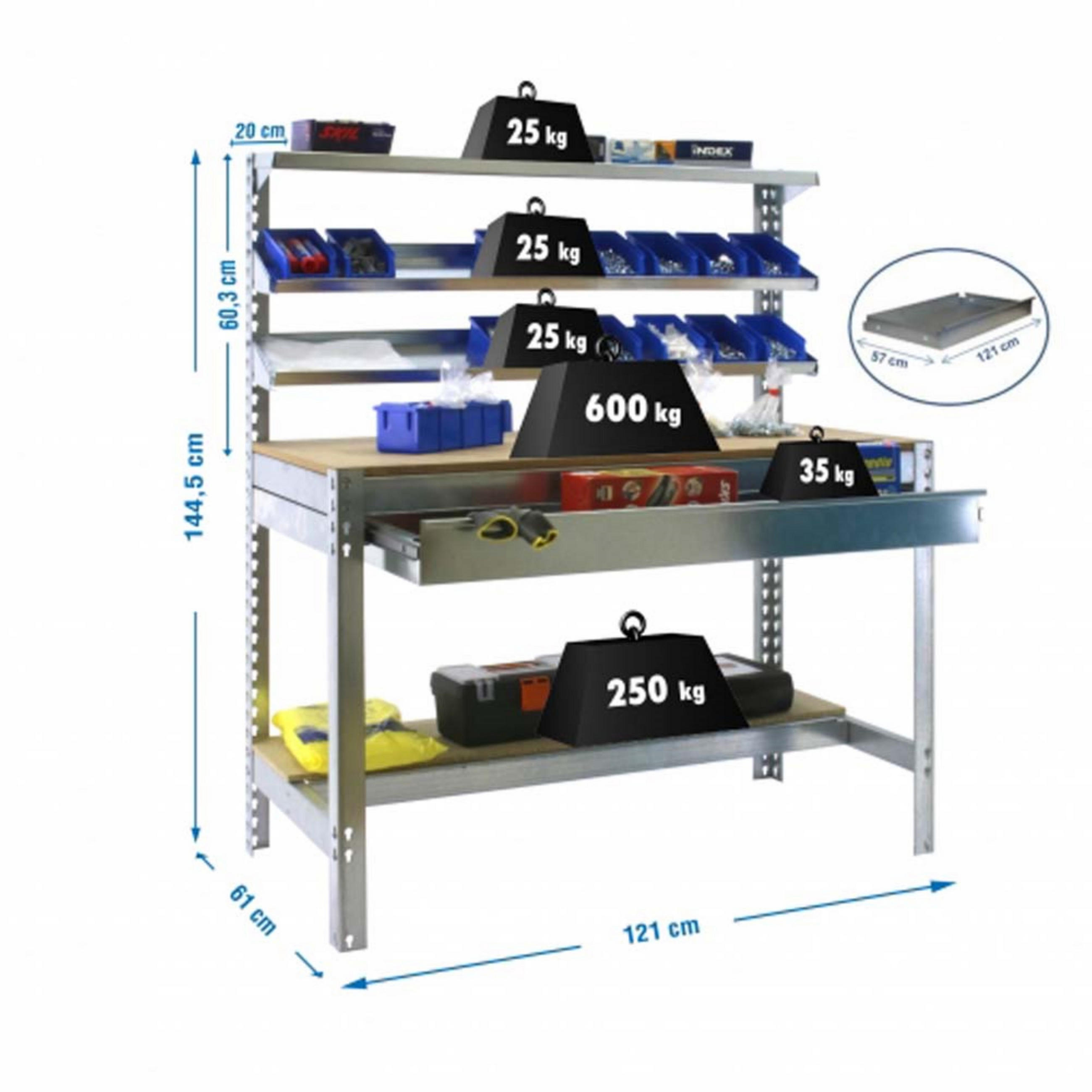 WERKBANK BUFFALO mit Frontablage und Schubfach | HxBxT 84x120x61cm | Traglast 600kg | Verzinkt - Silberfarben, Metall (120/84/61cm) - PROREGAL
