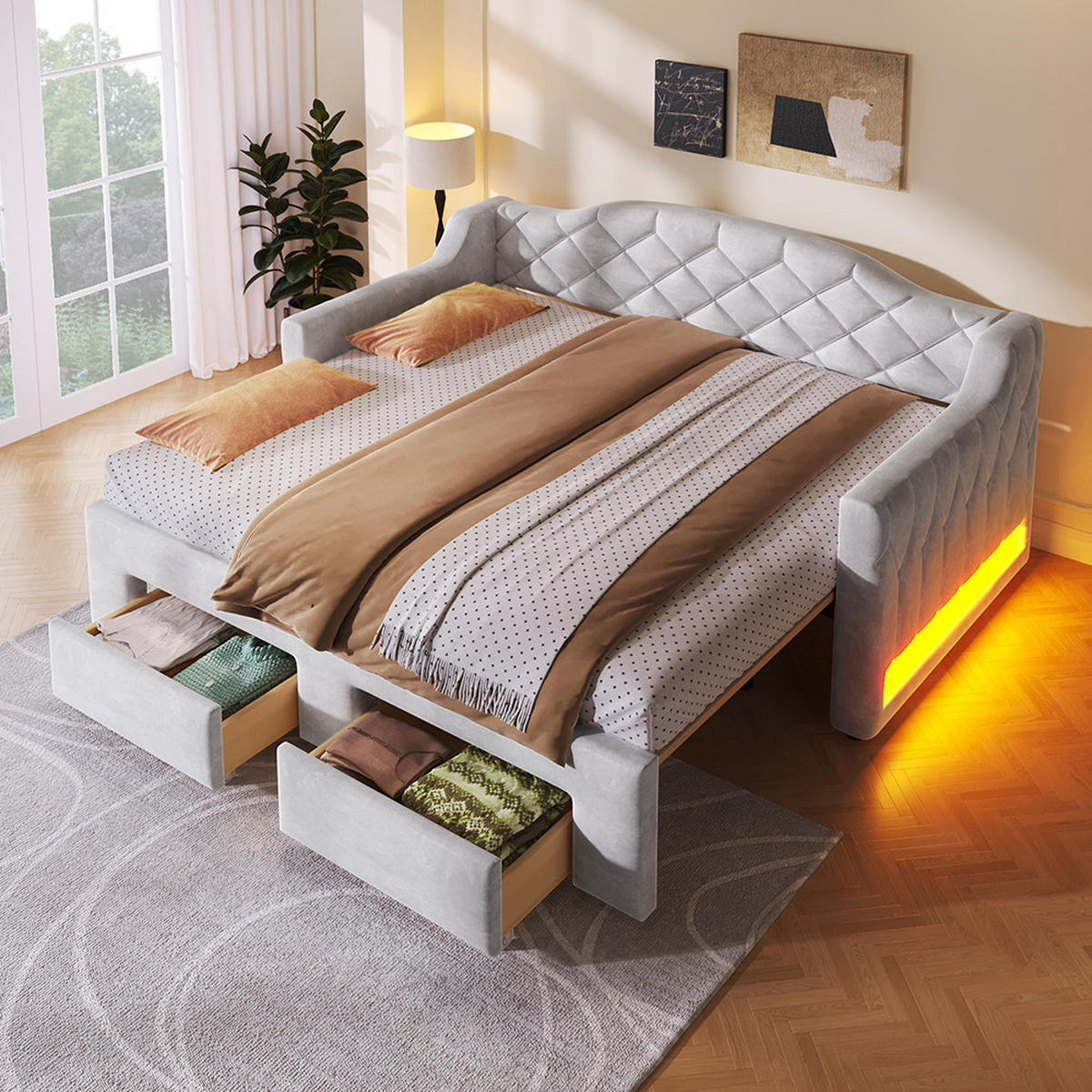 TAGESBETT 90x200 bis 180x200 cm mit zwei Schubladen und LED-Beleuchtung, Grau - Grau, Holz (90/200cm) - KOMHTOM