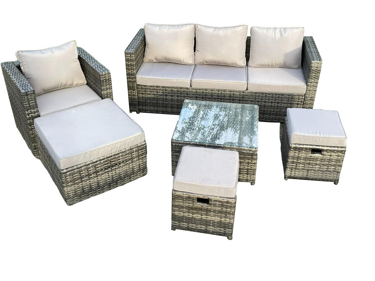 GARTENSET mit Couchtisch Polyrattan 7-Sitzer - Dunkelgrau, Metall - Fimous