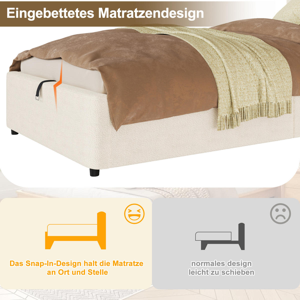 KINDERBETT 90/200 cm aus Bouclé mit hydraulischem Stauraum Beige - Beige, Holzwerkstoff (90/200cm) - Modenvie