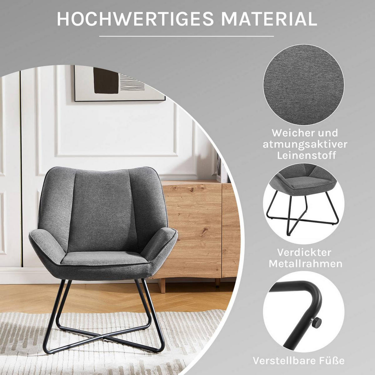 RELAXSESSEL mit Metallrahmen, Leinen, Dunkelgrau - Dunkelgrau/Schwarz, Keramik/Textil (71/85/70cm) - Woltu