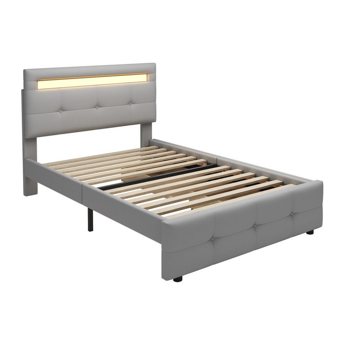 BETT 90x200 GRAU, LED, 2 SCHUBLADEN, LEINEN - Grau, Holzwerkstoff (90/200cm)