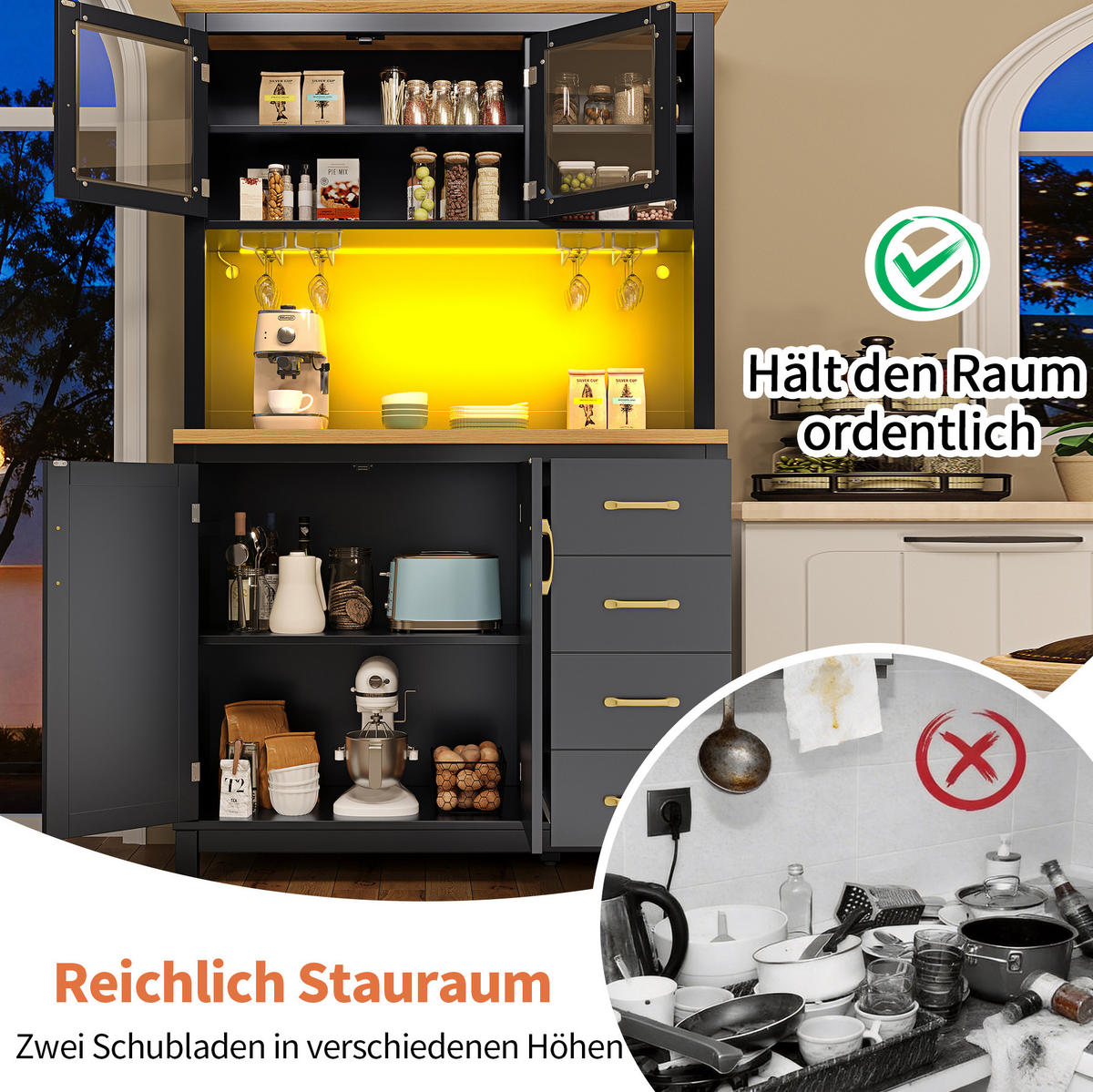 BUFFETSCHRANK 105,5/40/180 cm mit LED-Lichtleiste, viel Stauraum und Anti-Kipp-Sicherung, Schwarz - Schwarz, Holzwerkstoff (105.5/180/40cm) - Redom
