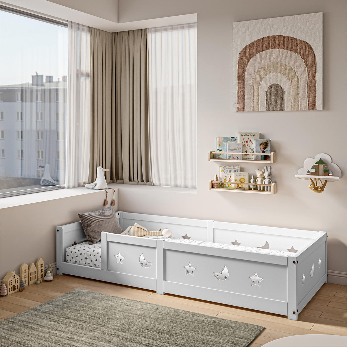 KINDERBETT 90x200 cm Massivholz Lattenrost Stern Mond weiß - Weiß, Holz (90/200cm) - LEBENLANG