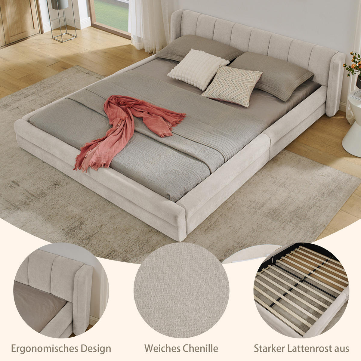 BETTGESTELL minimalistisch 160x200 cm Chenille Beige - Beige, Holz (160/200cm) - Meubliv
