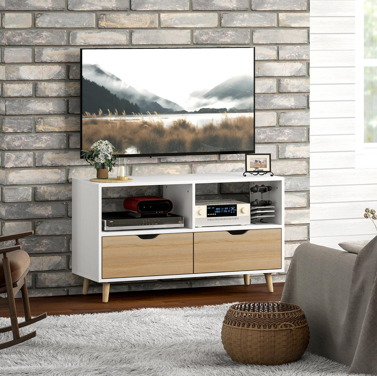 TV-LOWBOARD 99/39/58 cm weiß aus Holz mit 2 Schubladen - Weiß, Holzwerkstoff (99/58.3/39cm) - OKWISH