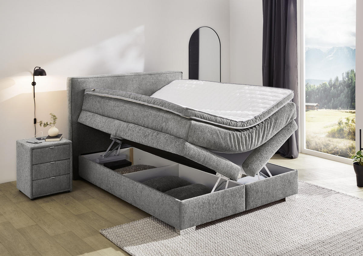 BOXSPRINGBETT 140x200 cm, 7-Zonen-Tonnentaschen-Federkernmatratze H4, Topper, Bonell-Federkern, 2 große Bettkästen, Chenille Grau / 20010 - Chromfarben/Grau, Kunststoff/Textil (140/200cm) - luma-home