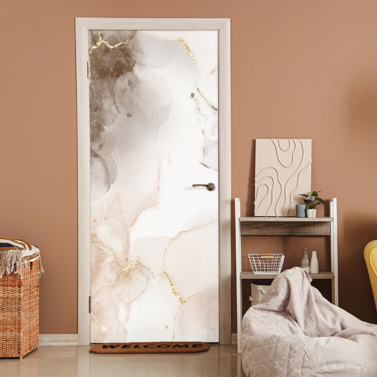 TÜRAUFKLEBER Selbstklebend - Marmor - Braun - Linie 95x215 cm - Türtapete - Champagner, Kunststoff (95/0.1cm) - MuchoWow