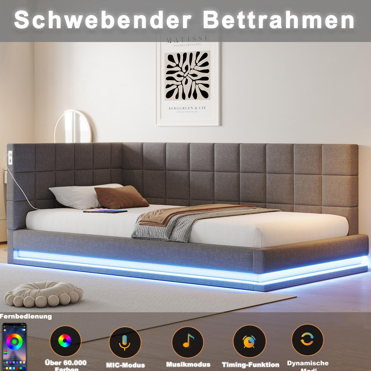 POLSTERBETT 90/200 cm grau aus Leinen mit LED-Lichtleiste und USB-Steckdose - Grau, Textil (90/200cm) - OKMYHOME