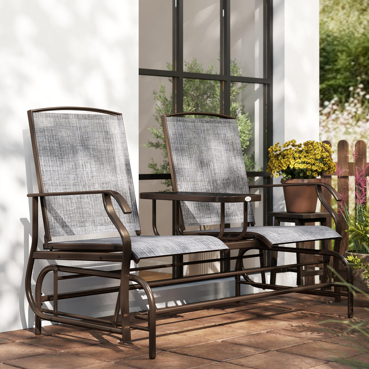 GARTENBANK DE-07056 2-Sitzer mit Mittelablage, wetterfest - Braun/Grau, Textil/Metall (147/101.5/78cm) - ComfortXL
