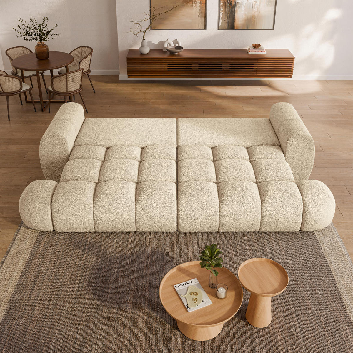 BETTSOFA DAFNE Creme Bucle-Stoff mit Schlaffunktion - Creme, Textil (300/88/113cm) - MASSENO