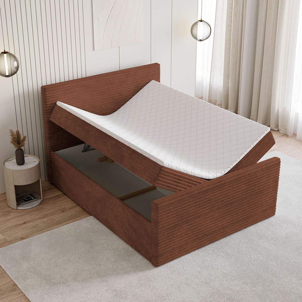 BOXBETT NOLEN 140x200 cm mit Matratze und Topper - Braun - Braun, Holz (140/200cm) - MASSENO