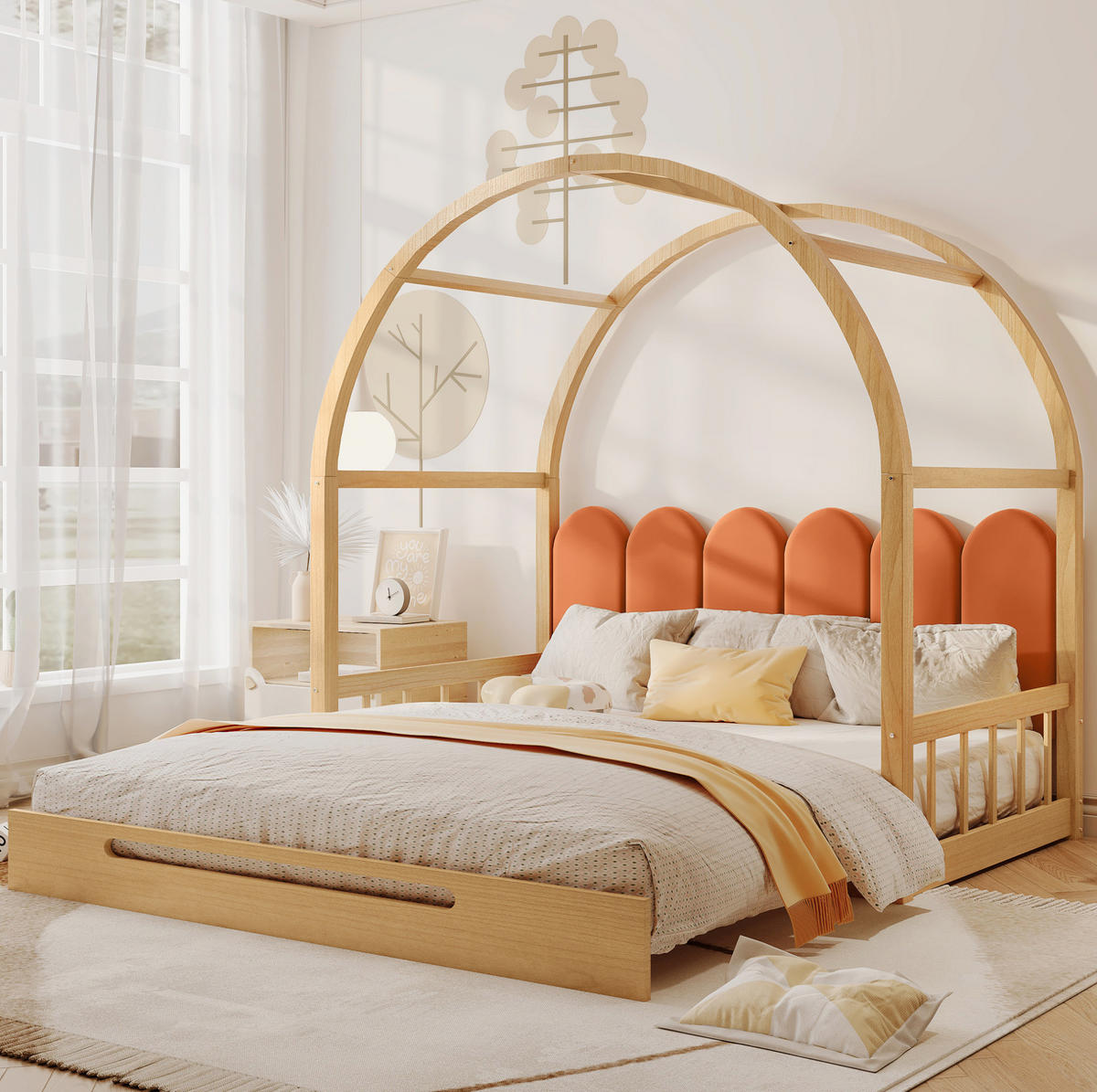 AUSZIEHBETT 140/100 und 140/200 cm Natur gewölbtes Hausbett aus Kiefer mit Kissen - Naturfarben, Holzwerkstoff (140/200cm) - OKWISH