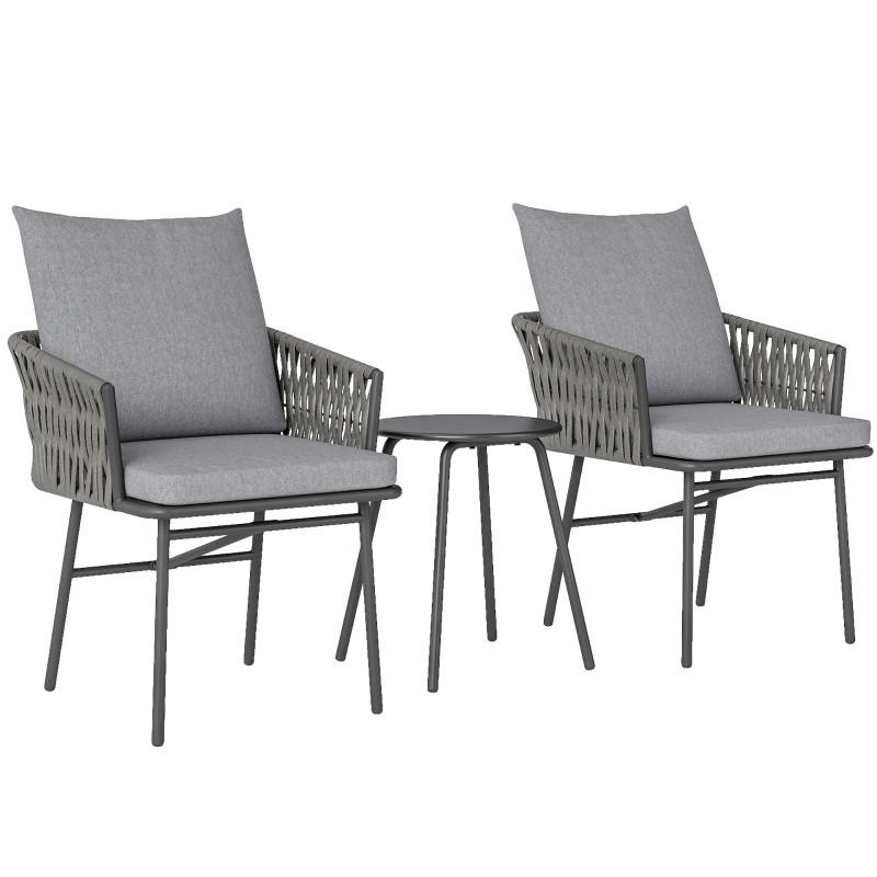 RATTAN BISTROSET 3-tlg. Grau mit 2 Gartensesseln & Couchtisch abnehmbare Kissen - Grau, Metall - ComfortXL