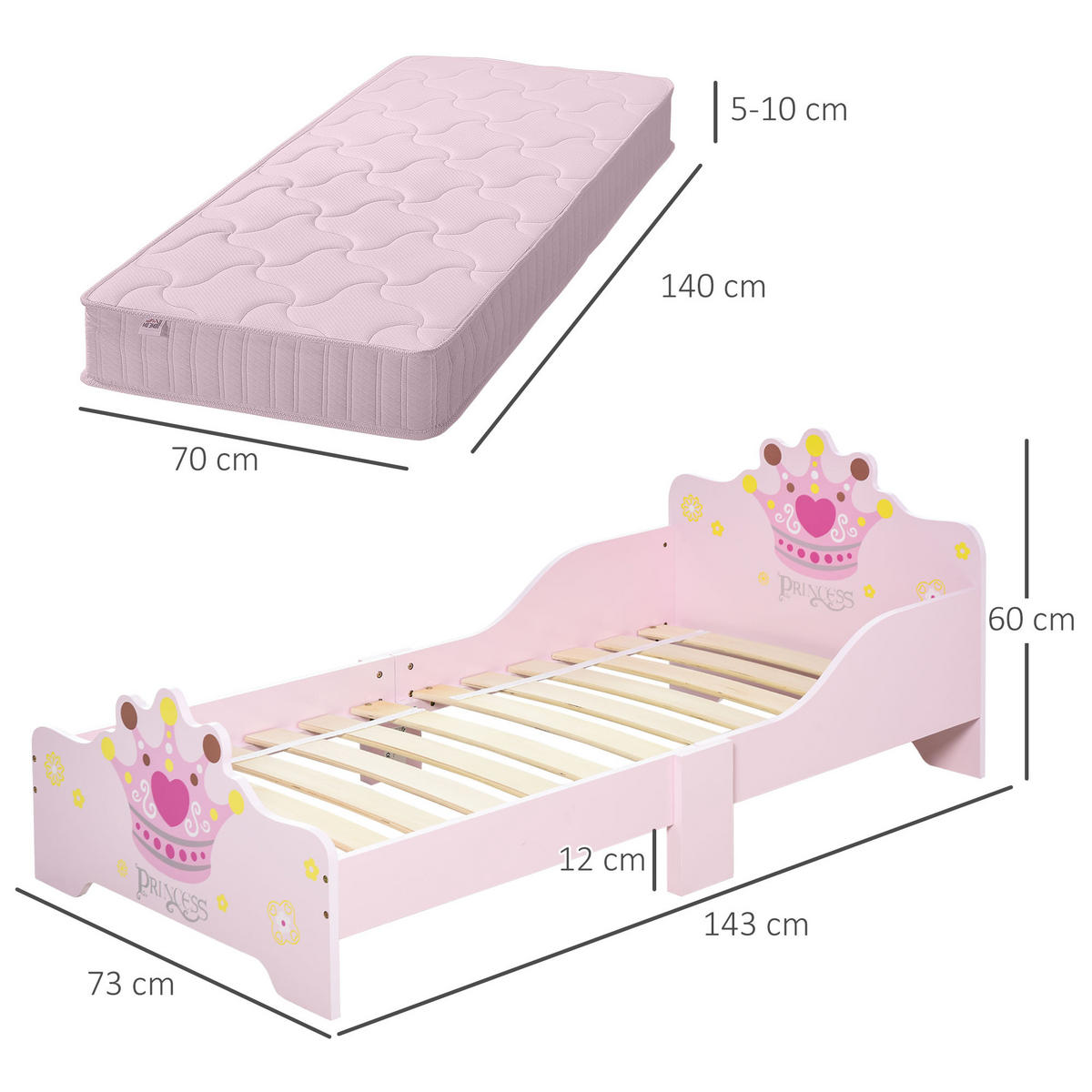 KINDERBETT 140x70 cm DE-14534 mit Prinzessinnen-Krone Rosa - Pink, Holzwerkstoff (70/140cm) - ComfortXL