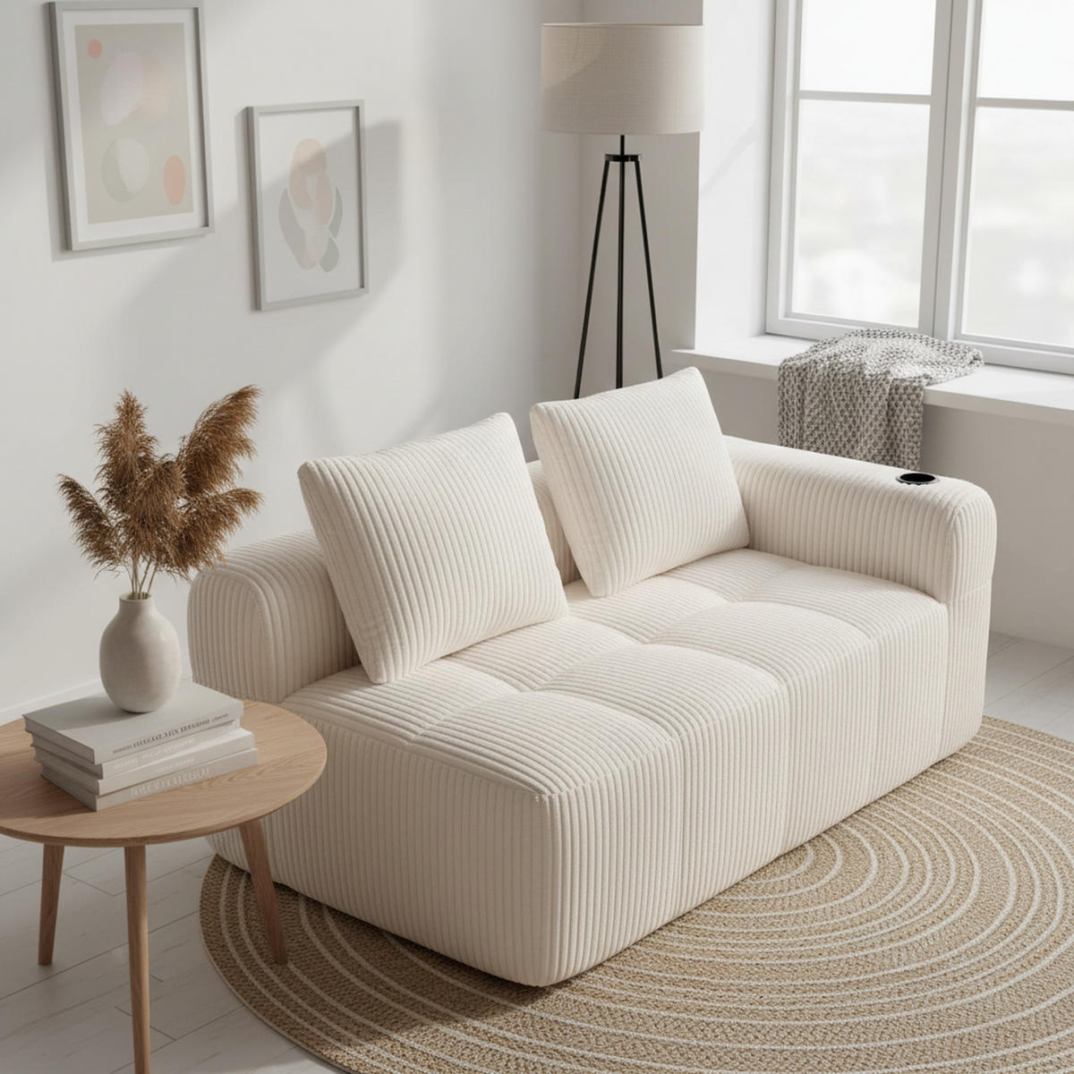 CHAISELONGUE in Cord Übergroßer Relaxsessel mit Seitentaschen - Beige, Textil (158/61/93cm) - Urban Meuble