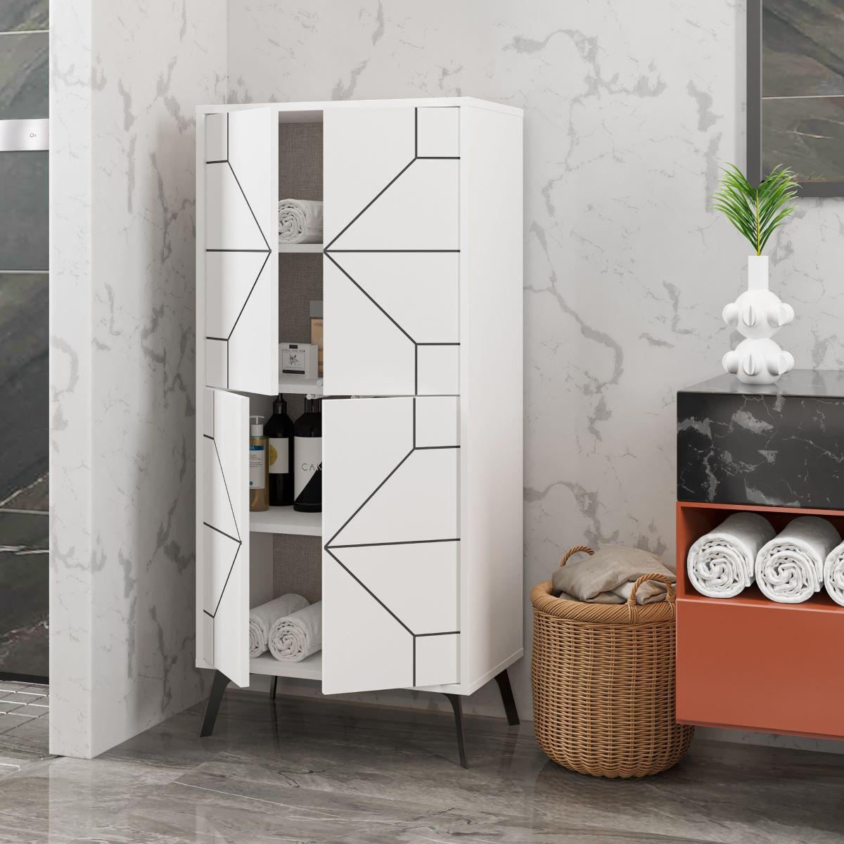 HIGHBOARD mit 4 weißen Türen und schwarzen Dekorationen H136 cm - Dune - Weiß, Holzwerkstoff (35.6/136/62.6cm) - Calicosy