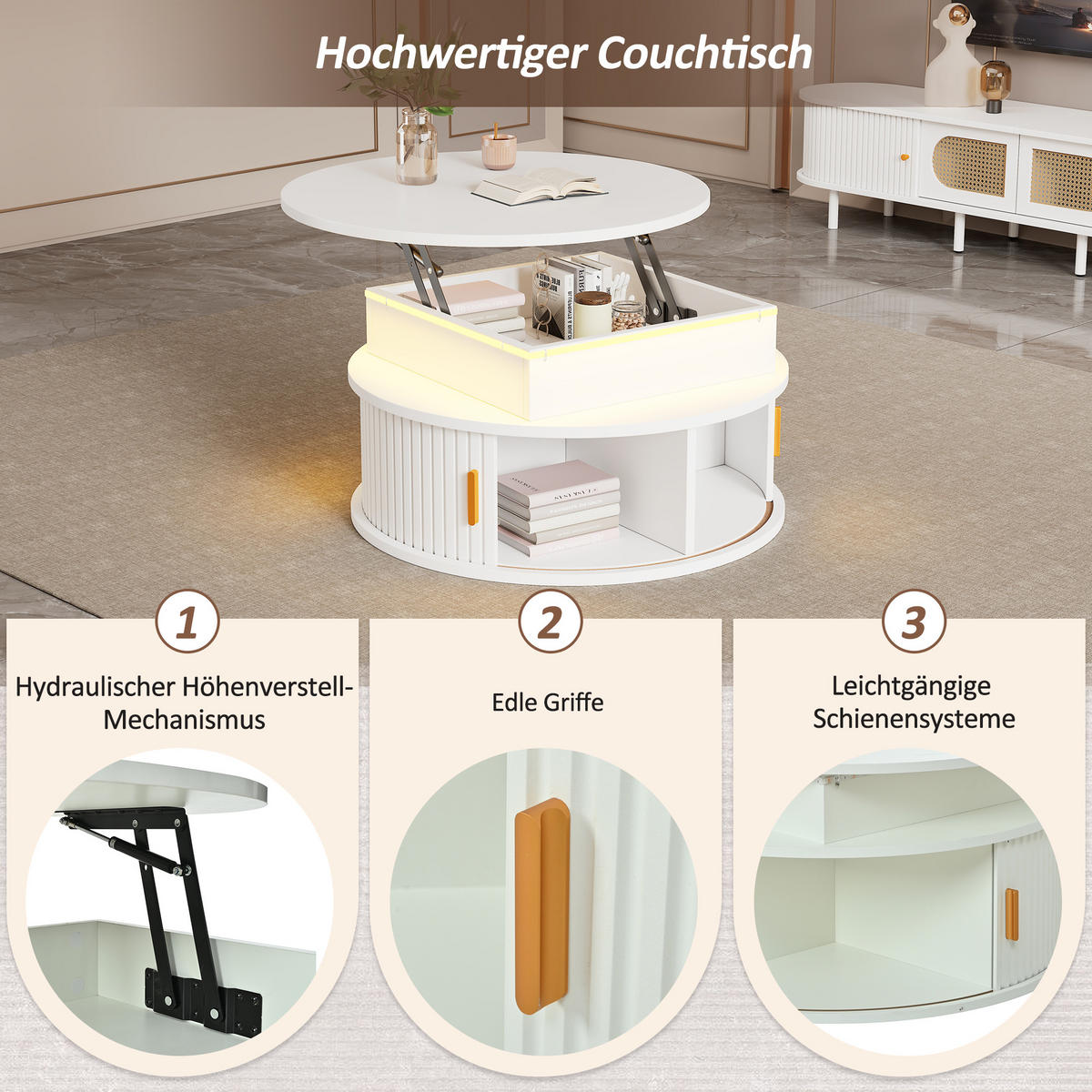 COUCHTISCH 75x75x52 cm Weiß Hochglanz LED Rolltüren Stauraum - Weiß, Holzwerkstoff (75/75/52cm) - FLIEKS