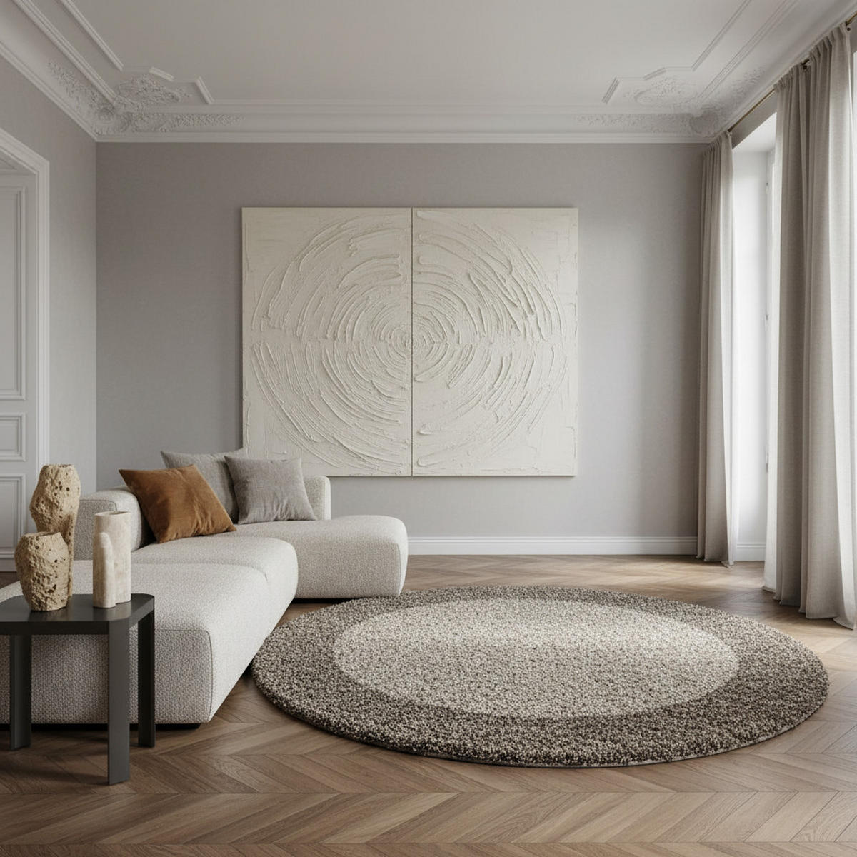 TEPPICH Hochflor einfarbig mit Bordüre Polypropylen Wohnzimmer Taupe Rund 160x160 - Braun, Textil (160/160cm) - KADIMA DESIGN