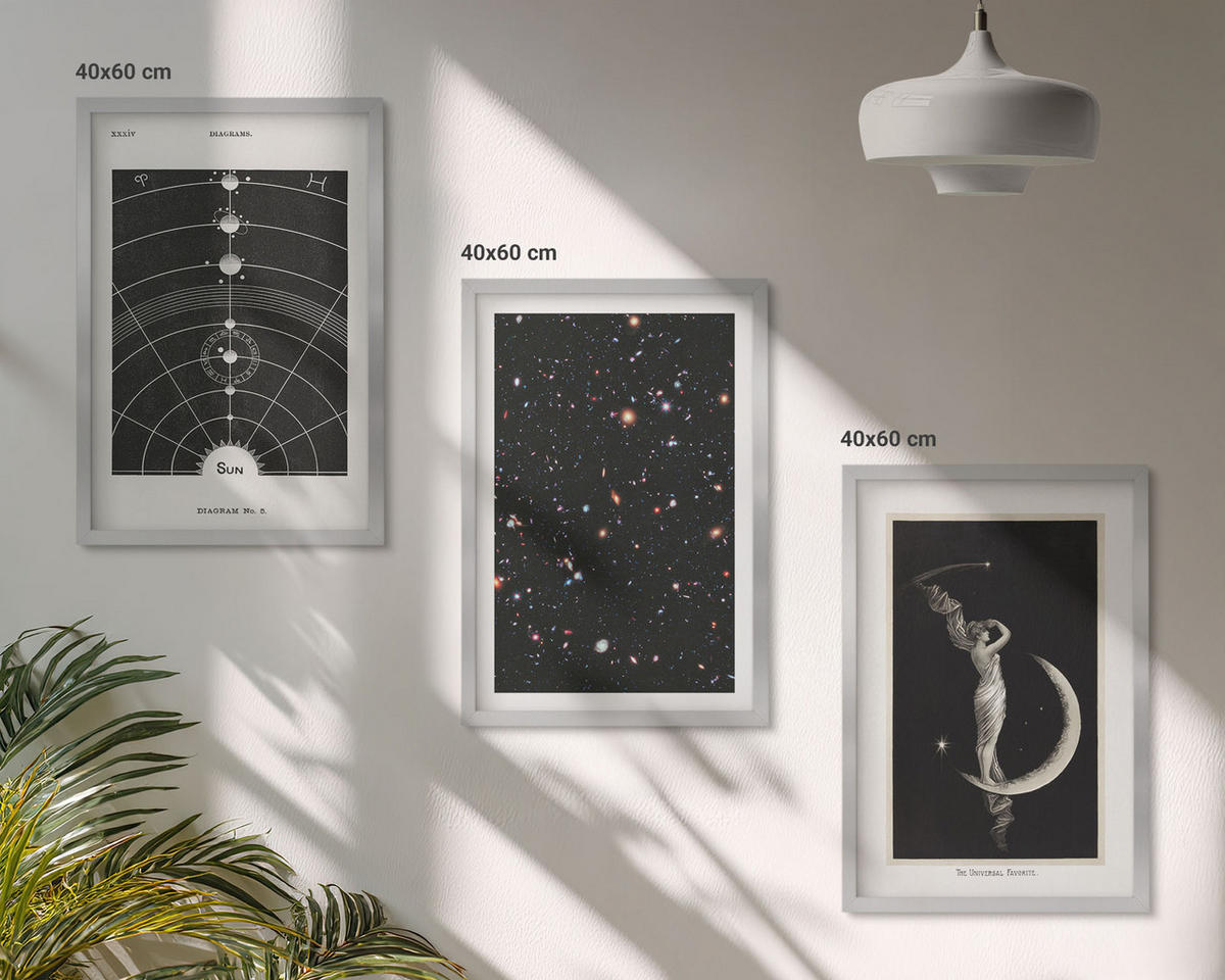 BILDER SET 3er Set - 40x60 cm Silberner Rahmen - Nachtdarstellung des Sonnensystems - Silberfarben, Kunststoff (40/60cm) - TULUP