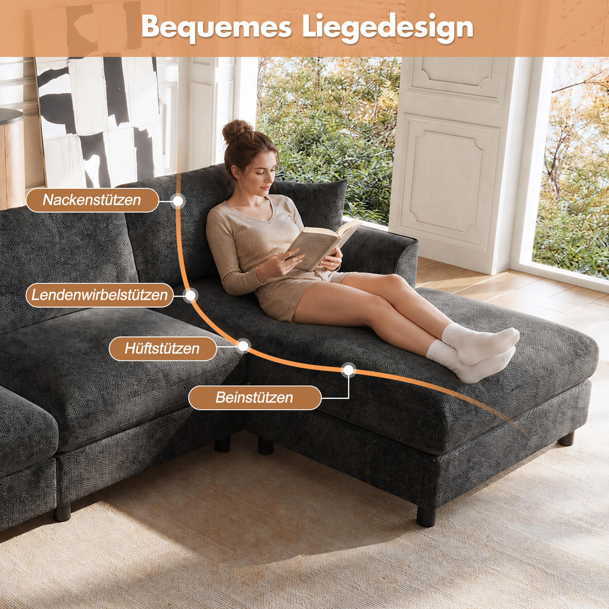 ECKSOFA 256/137/79 cm Grau mit umstellbarer Liegeelement - Grau, Kunststoff/Textil (256/137cm) - Oxeza