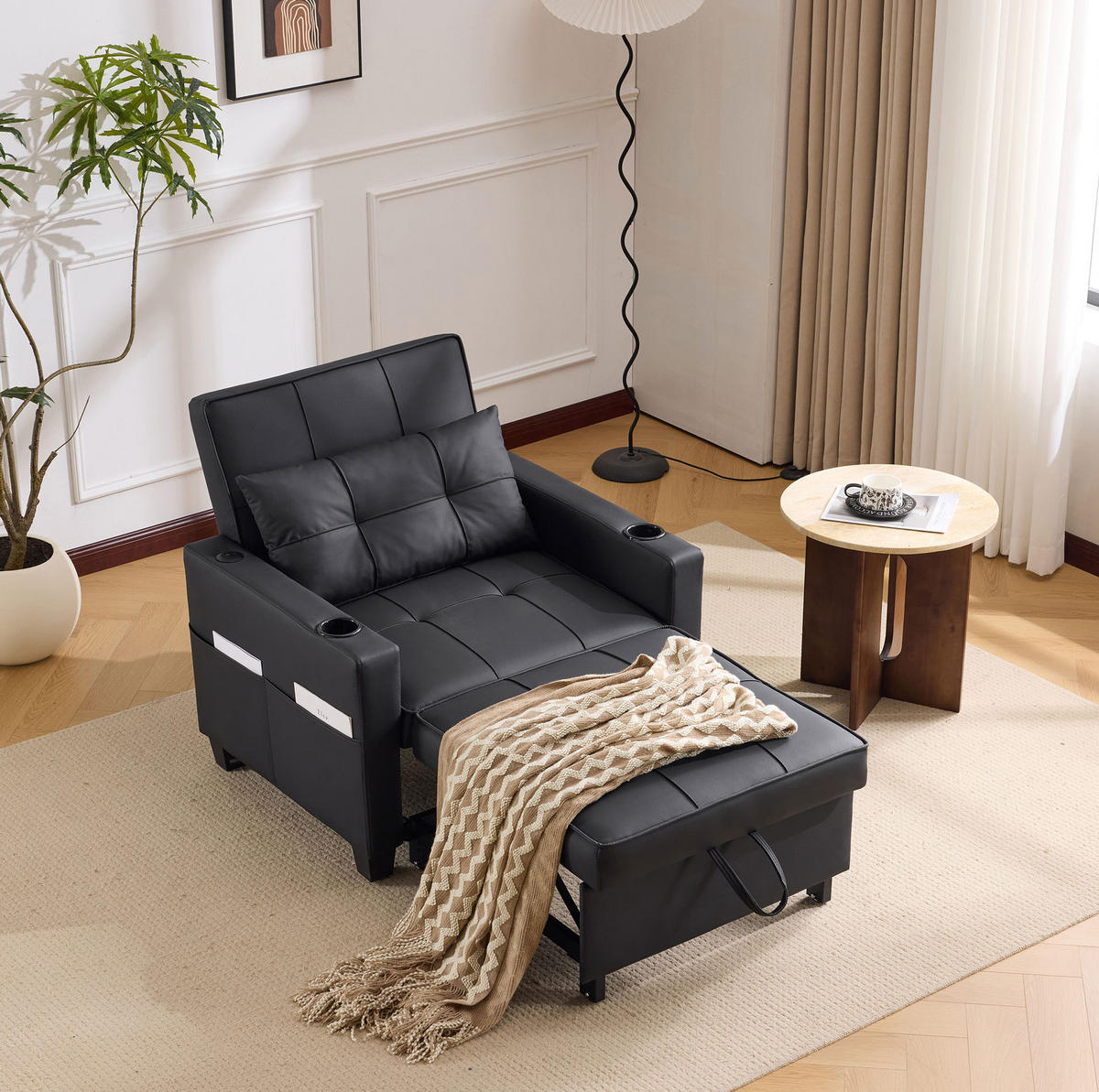 SCHLAFSESSEL mit 3-in-1-Funktion, ausziehbar, verstellbarer Liegestuhl mit USB-Anschluss und Getränkehaltern, Schwarz - Schwarz, Holz (74/84/87cm) - Redom