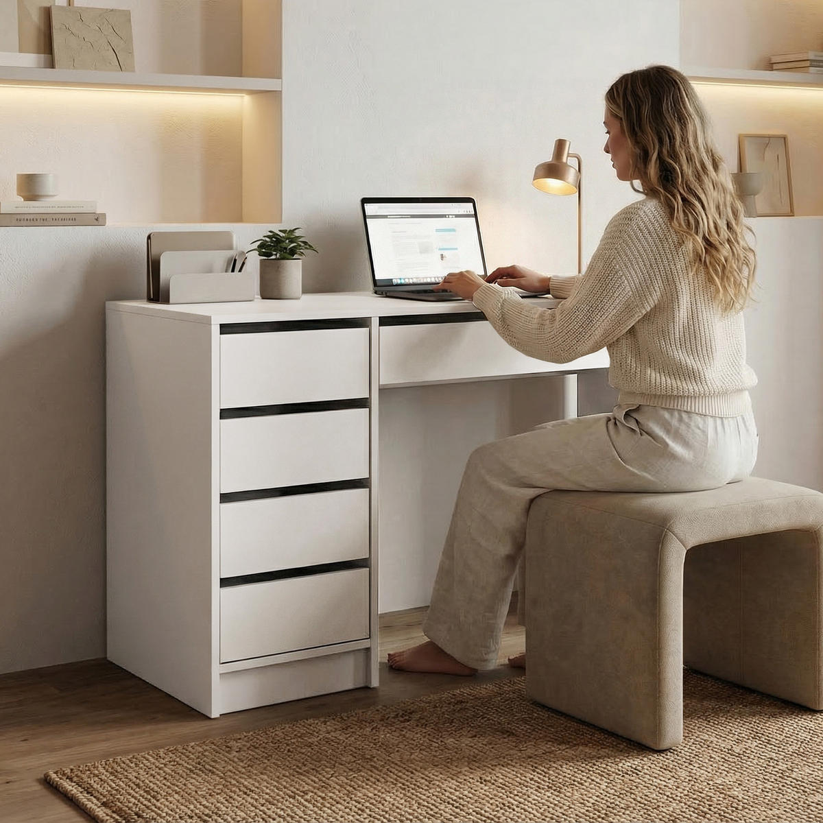 SCHREIBTISCH Malta mit 5 Schubladen, grifflos, Weiß - Weiß, Holzwerkstoff (57/120/75.5cm) - Beautysofa