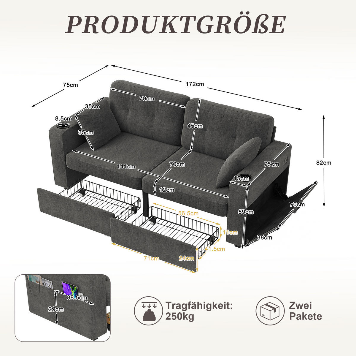 2-SITZER-SOFA 172/75/82 cm mit USB-Anschlüssen, Stauraumschubladen und Getränkehaltern, Chenille, Grau - Grau, Textil (172/82/75cm) - Redom