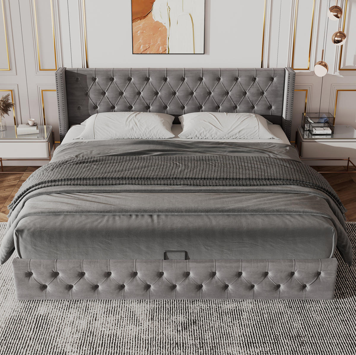 POLSTERBETT 140/190 cm mit hydraulischem Bettkasten und Chesterfield-Steppung aus Samt, Grau - Grau, Textil (140/190cm) - Redom