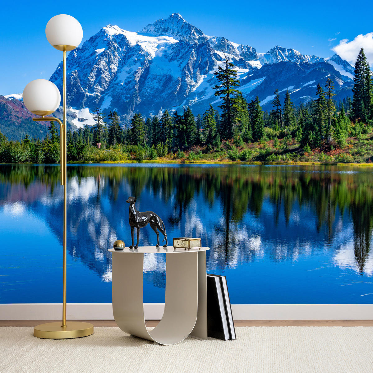 FOTOTAPETE See Berge Wald Landschaft 3D 400x280 - Blau/Beige, Papier (400/280cm) - Muralo