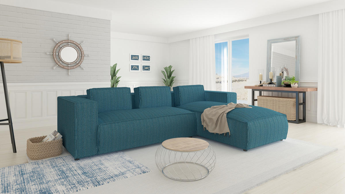 ECKSOFA Nova Türkis Cord, Ottomane rechts - Türkis/Schwarz, Holz/Kunststoff (262/176cm) - S-Style Möbel