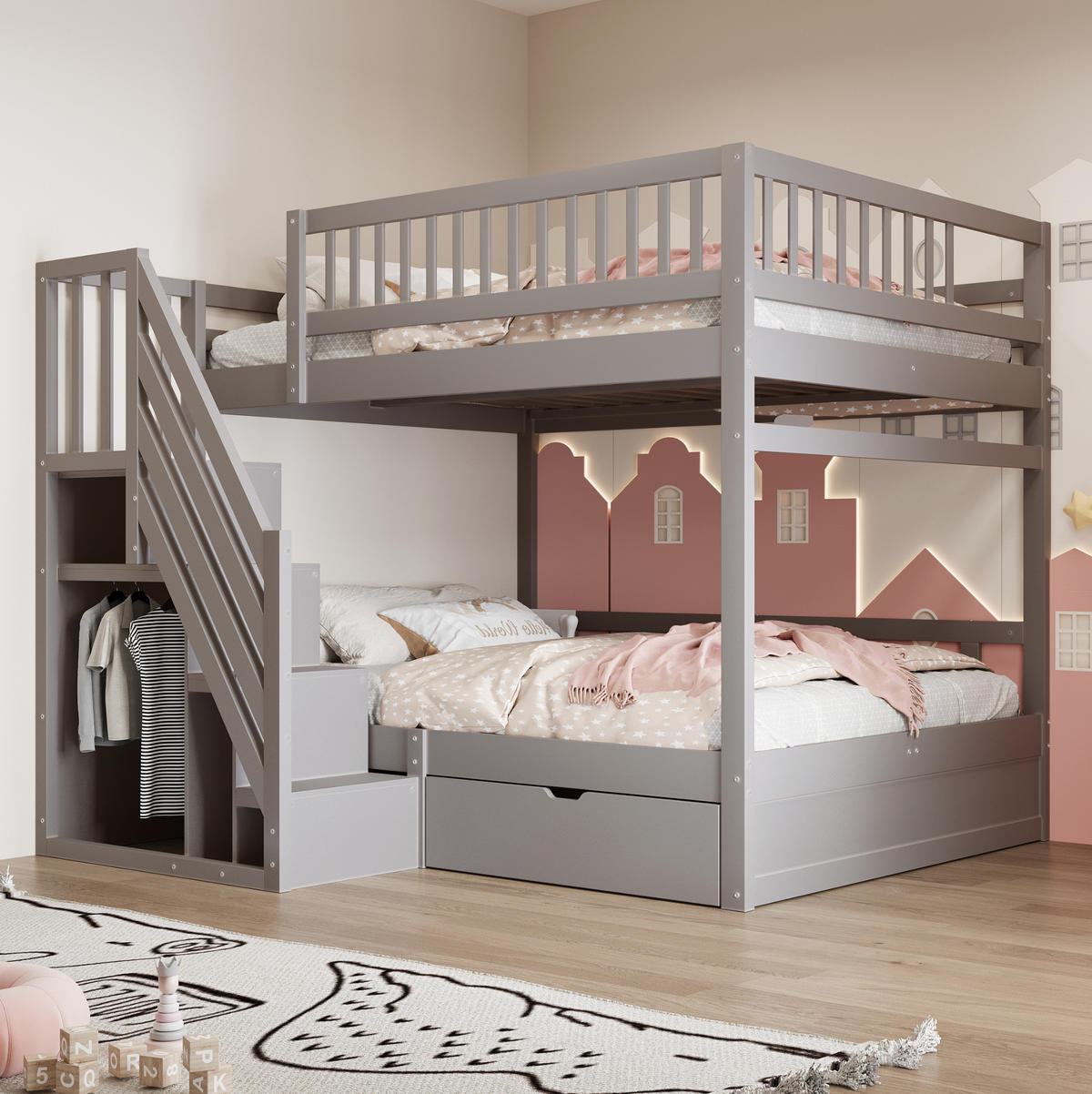 ETAGENBETT 140/200 cm Grau mit Lattenrost aus Massivholz - Grau, Holz (140/200cm) - MIVRAY