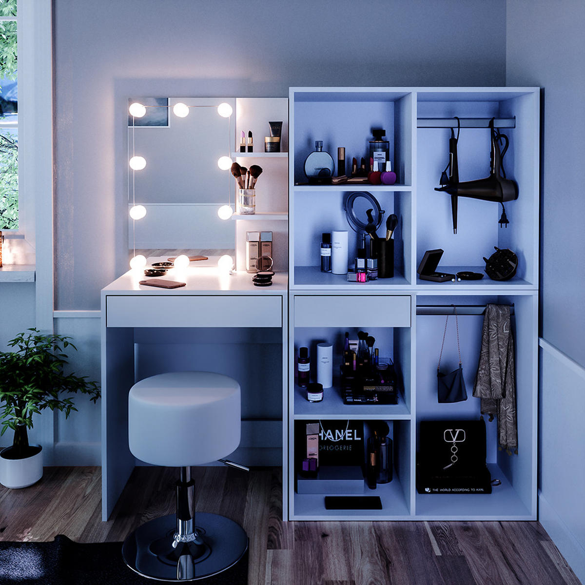 SCHMINKTISCH Isabelle Weiß 60 cm mit LED, Hocker und Schränken - Weiß, Holzwerkstoff (60/140/40cm) - Vicco