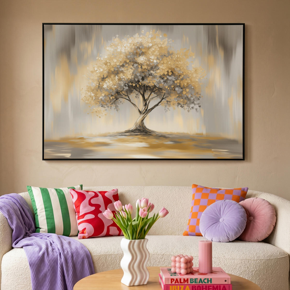 LEINWAND Bilder mit Rahmen - Gemälde - Baum - Abstrakt - Blätter - 140x90 - Beige, Textil (140/90cm) - MuchoWow