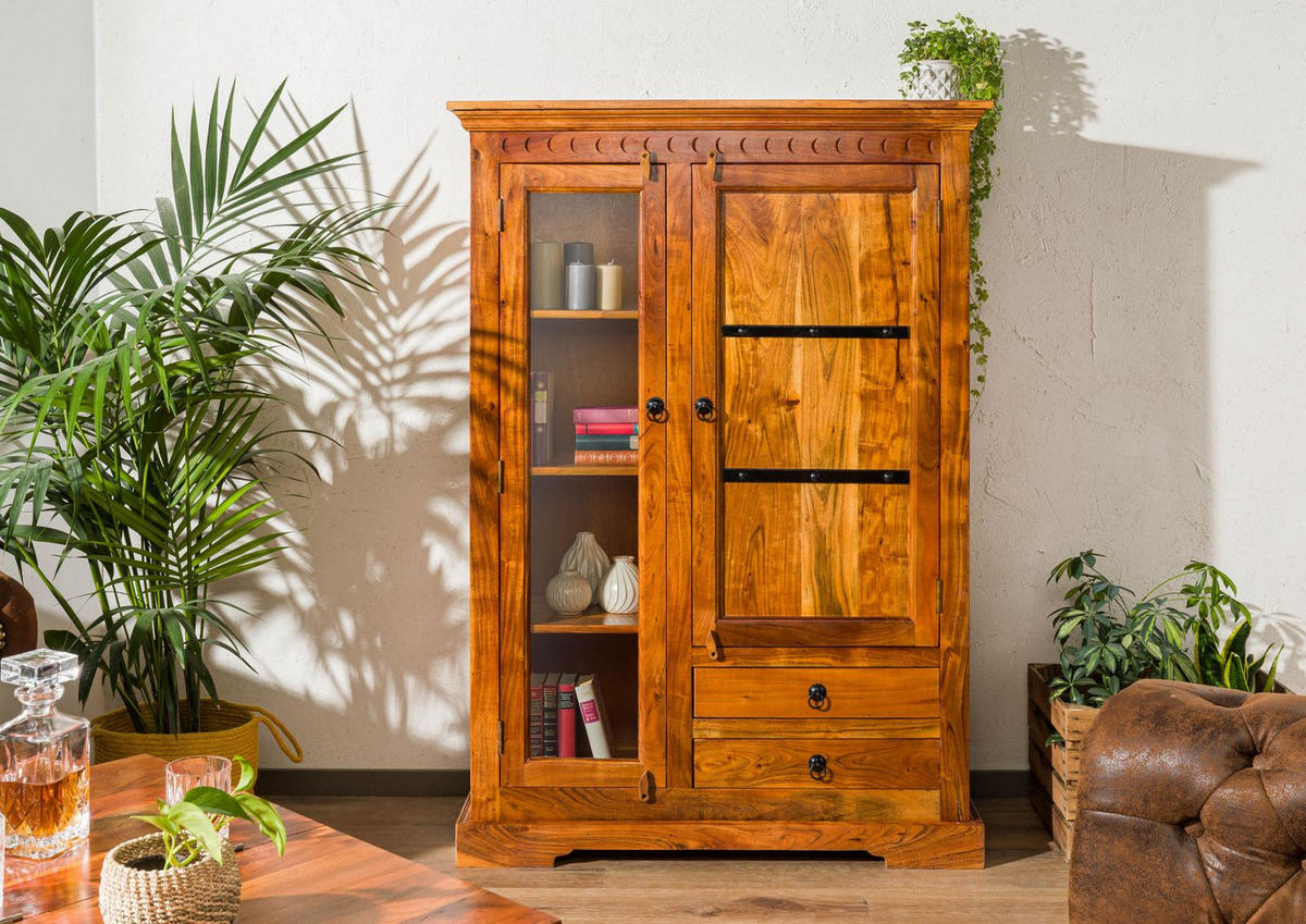 VITRINE Akazie 110x45x155 honig lackiert OXFORD #0425 - Braun, Holz (110/155/45cm) - Massivmoebel24