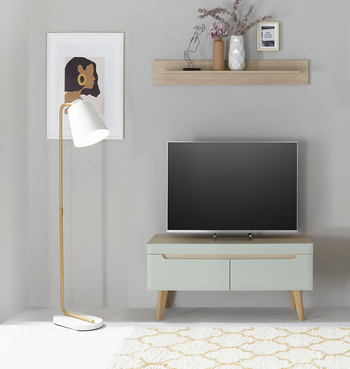 TV-LOWBOARD Pistazie grün, Eiche, skandinavisch 107 cm, TV Unterteil mit Vollauszug - Eichefarben/Pastellgrün, Holz/Holzwerkstoff (107/50/40cm) - Furn.Design
