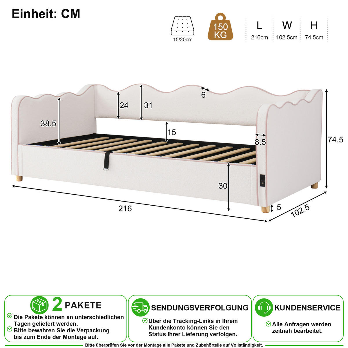 POLSTERBETT 90/200 cm in Beige mit Bettkasten, USB und Type-C Bouclé - Beige, Holzwerkstoff/Textil (90/200cm) - CHICFURN