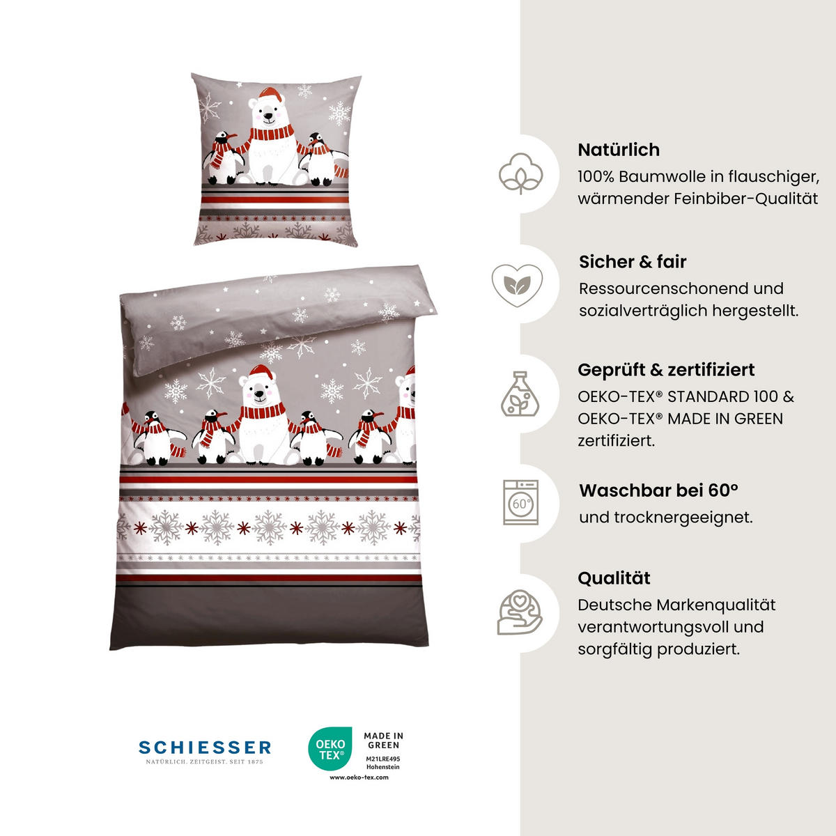 BETTWÄSCHESET Dida - Feinbiber - 2-teilig - 155 x 220 cm - Grau - Grau, Textil (155/220cm) - SCHIESSER