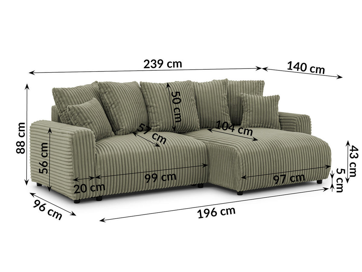 ECKSOFA Calma mit Schlaffunktion und Bettkasten im Bumpy-Design aus weichem Olive Plüschcord - Ottomane rechts - Schwarz/Grün, Holz/Kunststoff (140/239cm) - S-Style