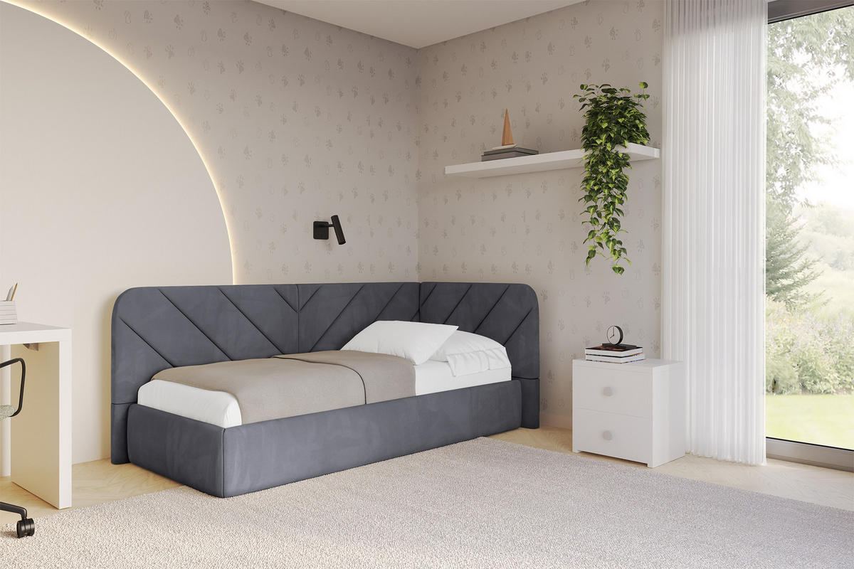 EINZELLBETT Jugendbett mit Bettkasten und Matratze H3/H4, Links - FIKY 90x200 Dunkelgrau - Dunkelgrau, Holzwerkstoff/Textil (90/200cm) - ALTDECOR