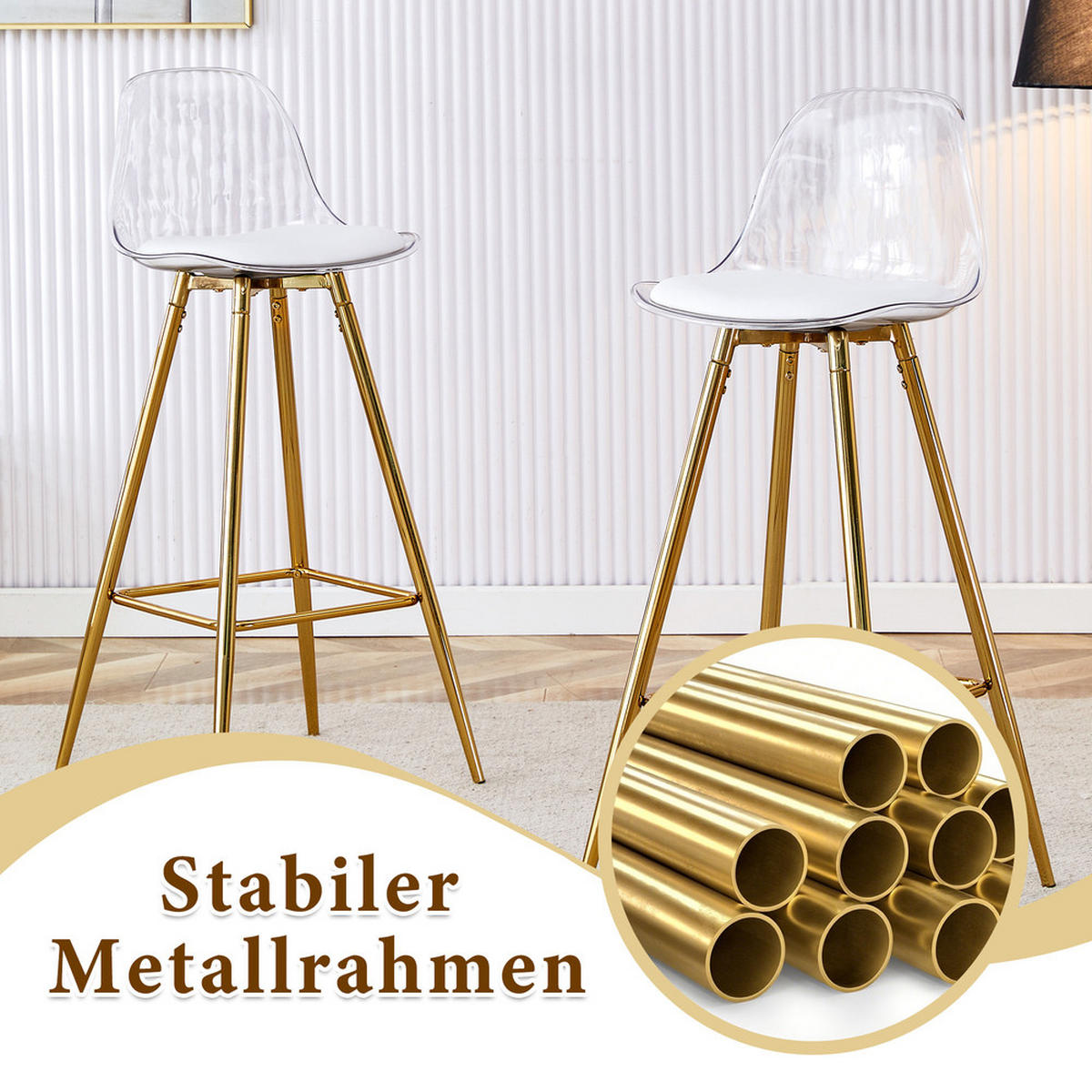 TISCHGRUPPE 3-tlg Glastisch Rund 89cm Barhocker Gold - Transparent, Glas/Metall (41.5/33.5/72cm) - Raelunyi