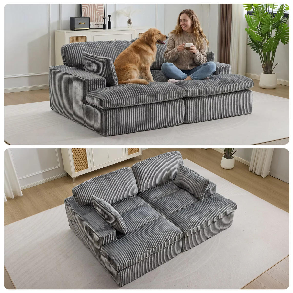 SCHLAFSOFA 2-in-1 Cord Schlafcouch mit Bettfunktion, Grau - Grau, Textil (214/89/145cm) - Kaket