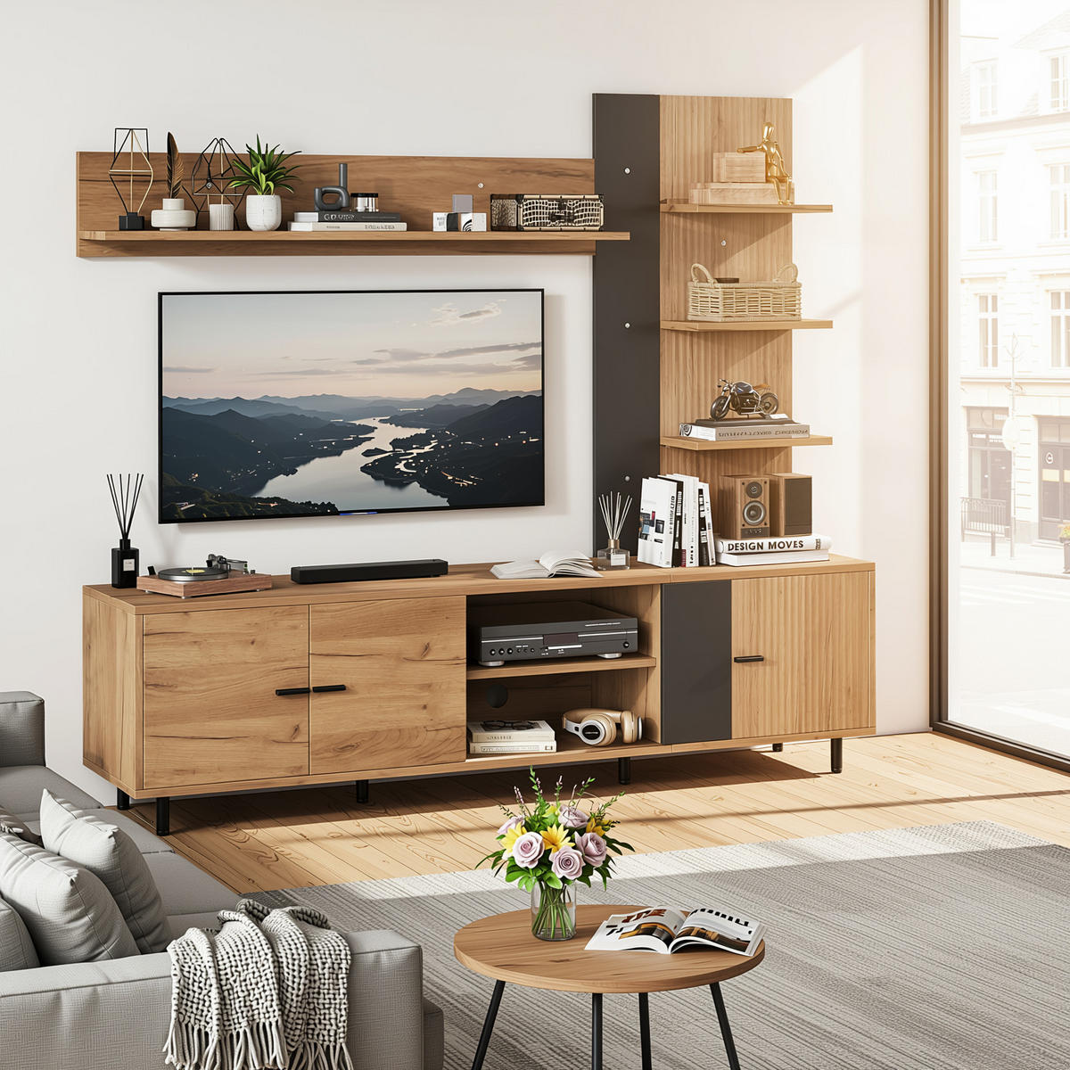 TV STOLEK set dřevo a černá moderní úložný prostor - přírodní, kompozitní dřevo (187.5/167/40cm) - Urban Meuble