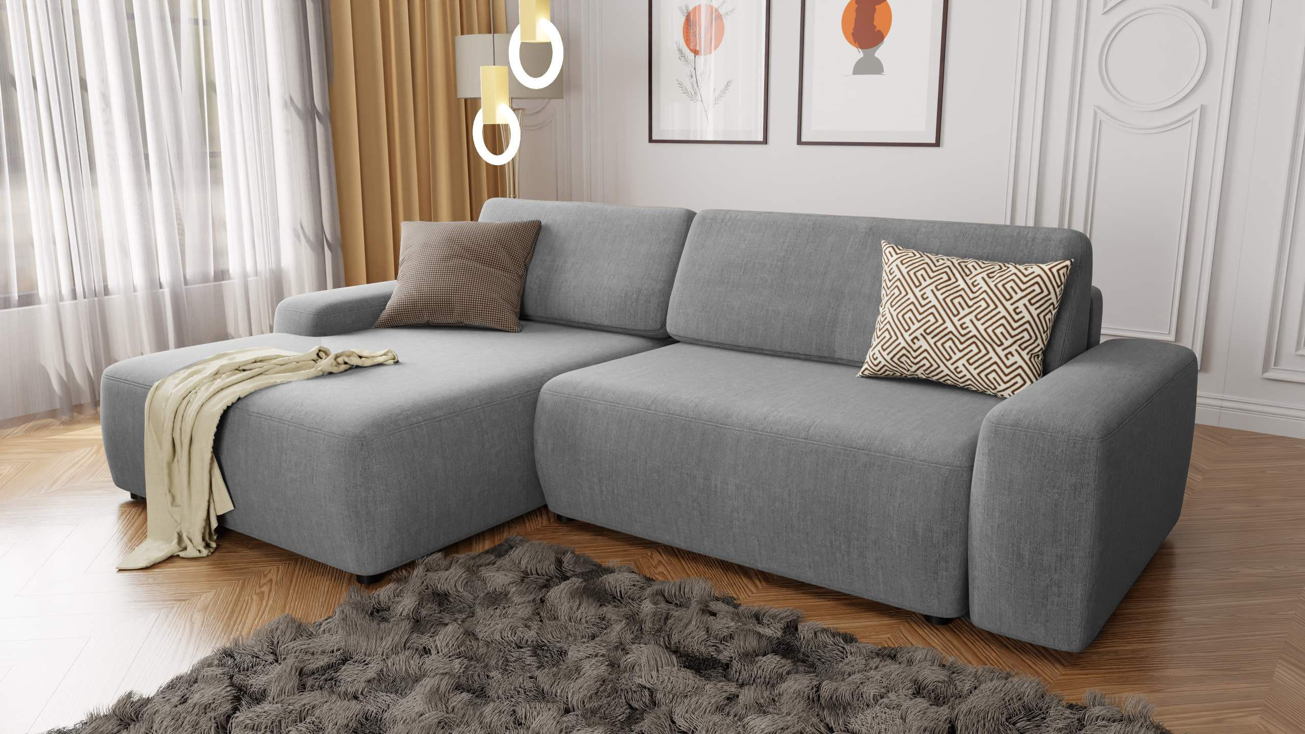 Thumbnail - S-Style Möbel Ecksofa, Hellgrau, Textil, Echtholz,Buche, Birke, 5-Sitzer, Füllung: Silikon,Polyetherschaumkern, Eckteil,...