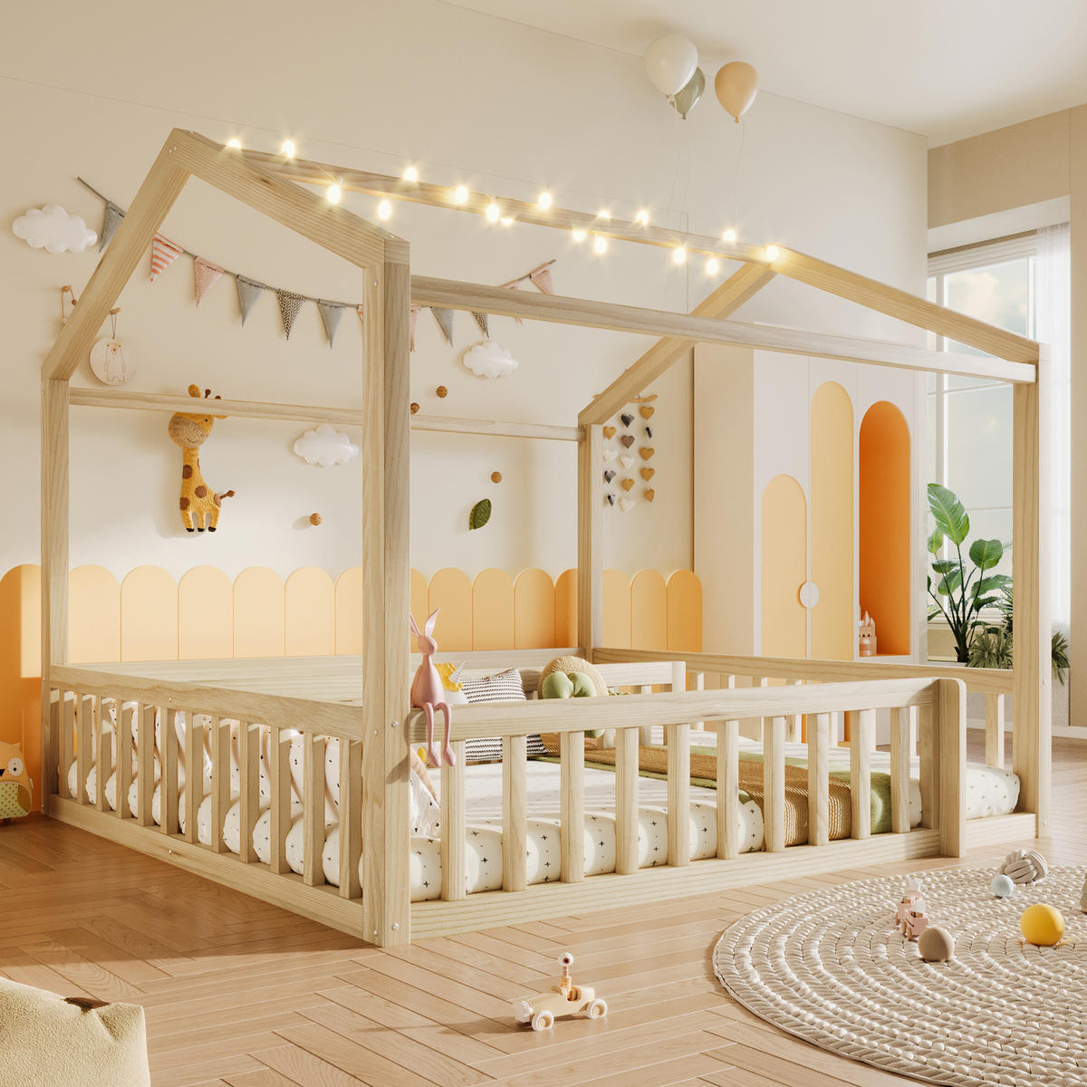 KINDERBETT 90/190 cm & 180/190 cm in Natur mit LED und Gitter Kiefernholz Hausbett - Naturfarben, Holzwerkstoff (90/190cm) - STILVORA