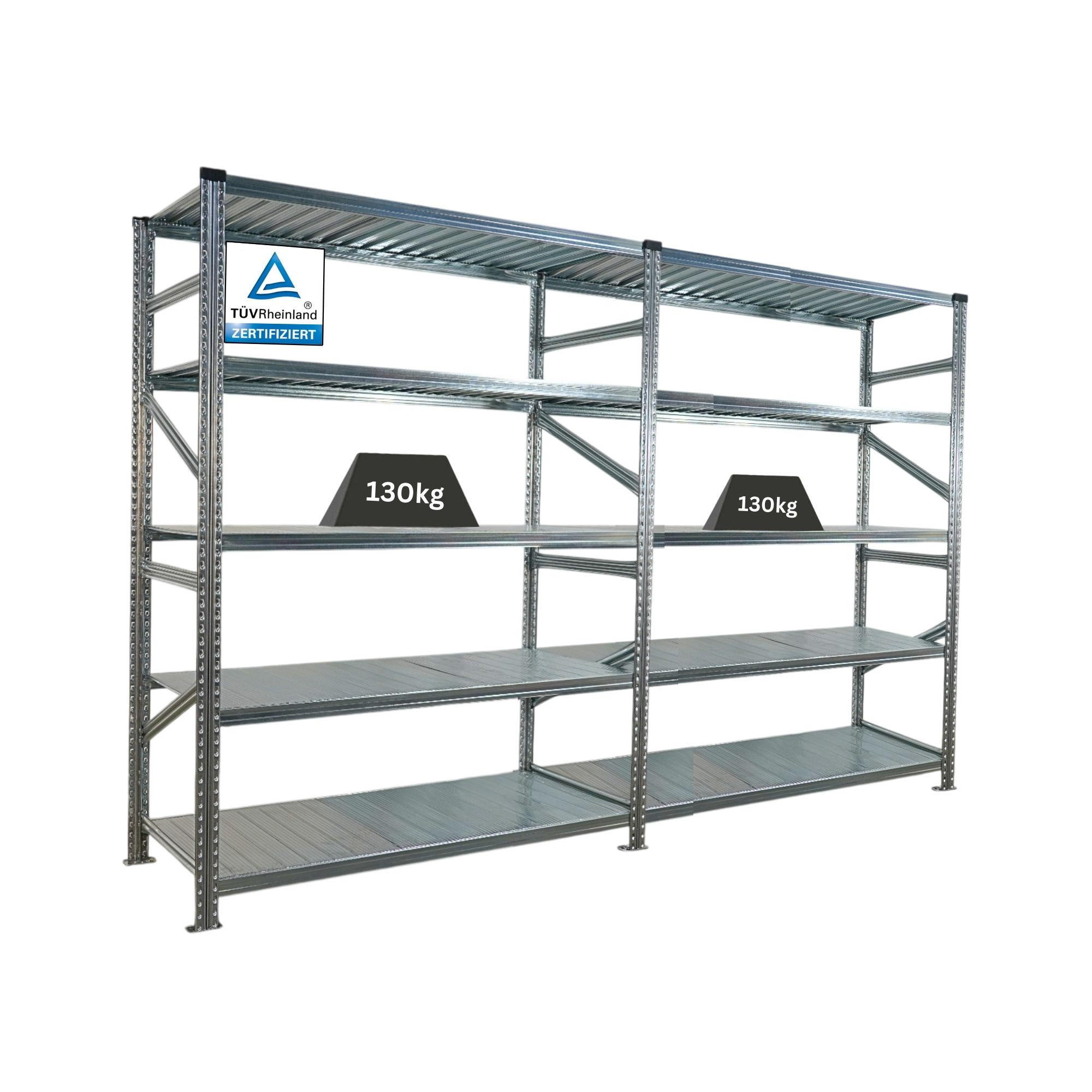 FACHBODENREGAL Proximo Stecksystem 200x300x70cm 5 Ebenen Fachlast 130 kg Beidseitig nutzbar Verzinkt - Silberfarben, Metall (300/200/70cm) - PROREGAL