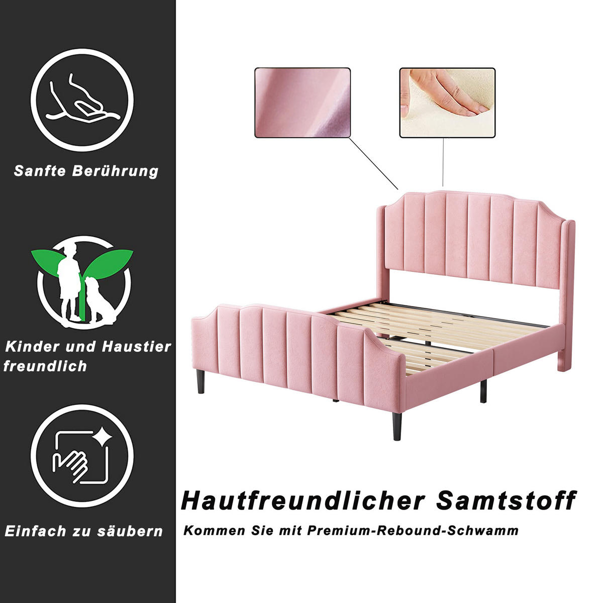 POLSTERBETT 140x200 Samt rosa - Rosa, Textil (140/200cm) - LEBENLANG