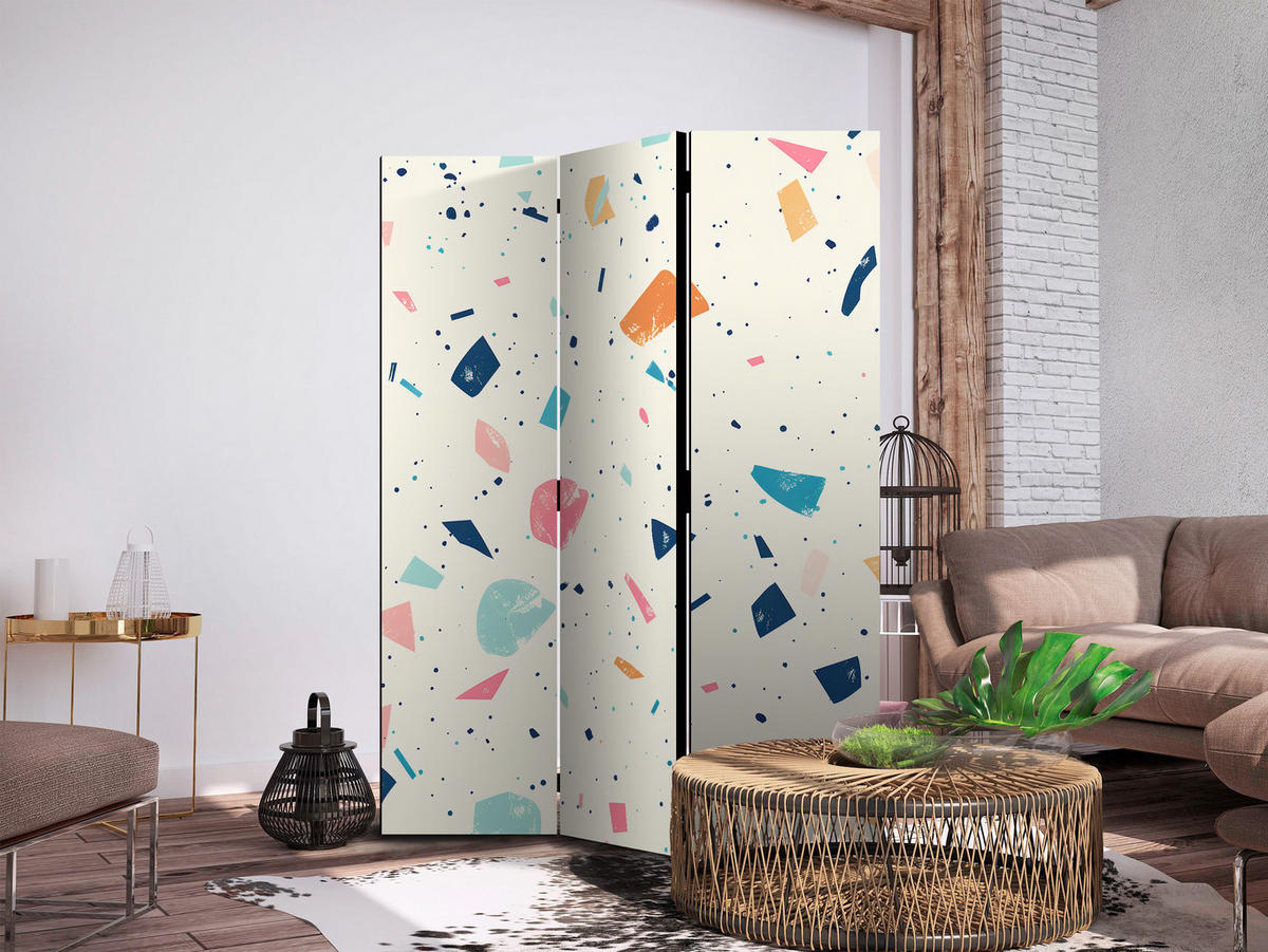 PARAVENT Einseitig Bedruckter 3-tlg 135x172 cm Terrazzo abstrakte Steine - Multicolor, Holz/Textil (135/172/3cm) - Muralo