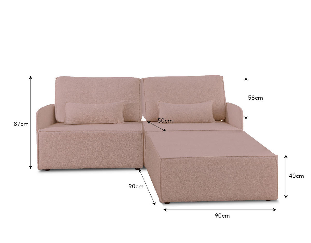 2-SITZER-SOFA Chaiselongue bezogen Bouclé und Kiefernholz Hellrosa LEA - Pink, Textil (188/87/90cm) - RNT By Really Nice Things