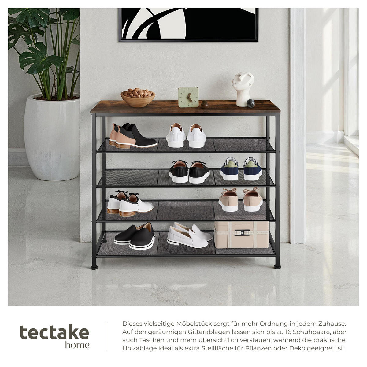 SCHUHREGAL Sheffield,100 x 30,5 x 93 cm,Industrial Holz dunkel, rustikal - Rostfarben, Metall (30.5/93/100cm) - tectake